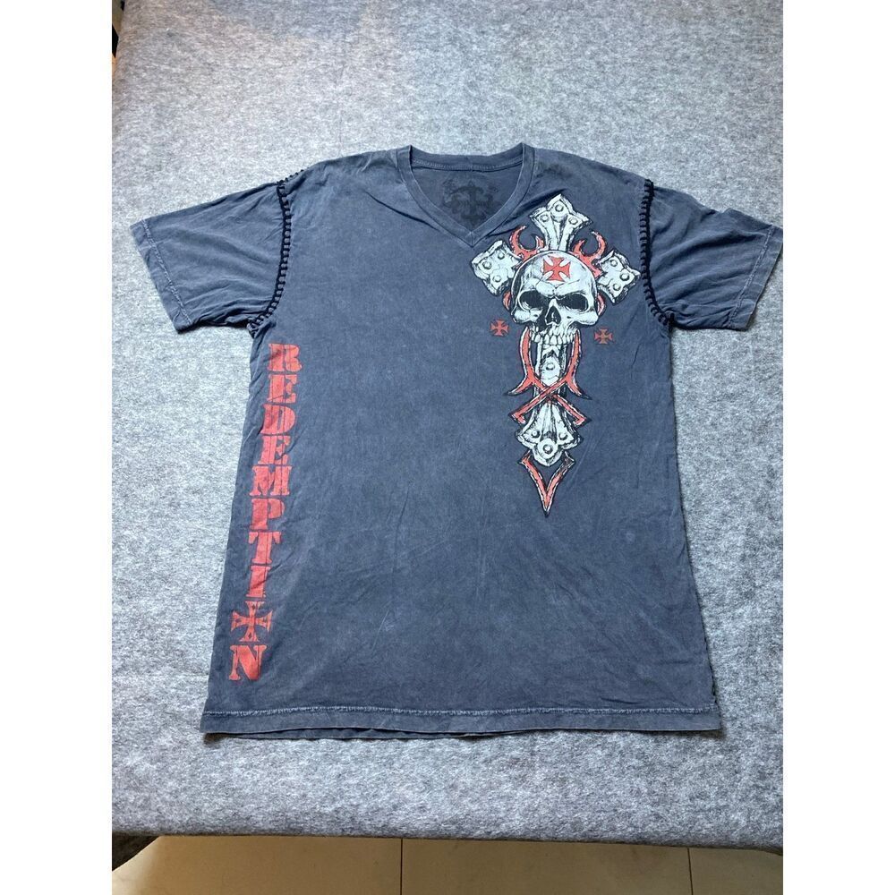 Raw State Redemption Shirt Mens 2XL Gray Punk Rock Skull Cross Grunge Skater